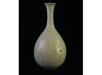 Celadon Narrow Neck Vase With Floral Design