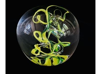 Hand Blown Swedish Paper Weight With Yellow Swirls & Controlled Bubbles