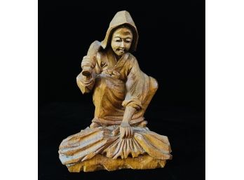 Vintage Asian Carved Wood Laundress Figure Signed