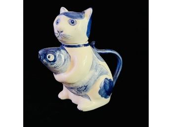 Asian Porcelain Blue & White Cat With Fish Teapot