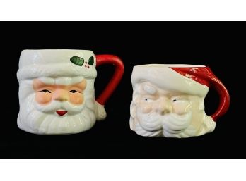 2 Vintage Hand Painted Ceramic Santa Head Mugs