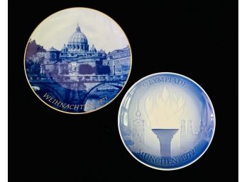 2 Decorative Blue White Porcelain Plates With 1 German & 1 B&H Copenhagen