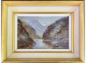 Framed Signed Original Oil Painting On Board Boaters In Mountain Lake