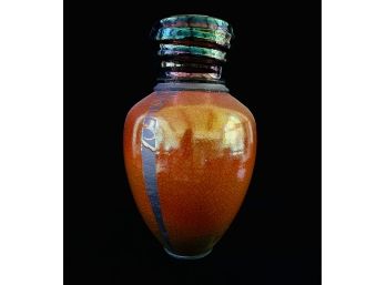 Lovely Signed Art Pottery Vase With Iridescent Top & Orange Crackle Finished Body