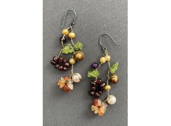 Tropical Symphony Gemstone Earrings By Anusara, Incl. Garnet, Amethyst, Carnelian And Pearls On Silk