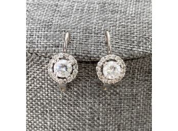 CZ Center Stone With Diamond Halo 14Kt White Gold Earrings