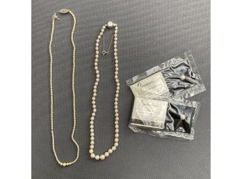 Cultured Pearl Lot, 2 Necklaces (1 Broken, For Repair Or Parts) & 2 Genuine Cultured Pearls From Orient