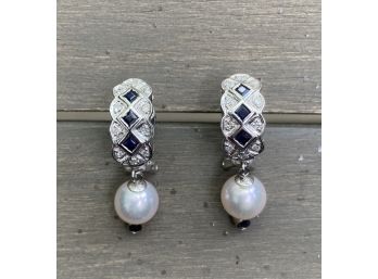 Diamonds, Sapphires And Cultured Pearls 14k White Gold Earrings