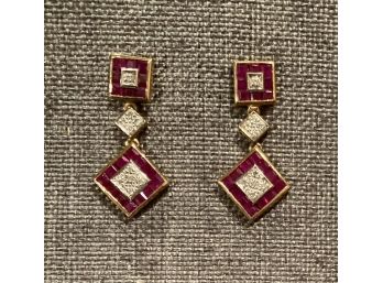 Ruby And Diamonds 9Kt Yellow Gold Drop Earrings