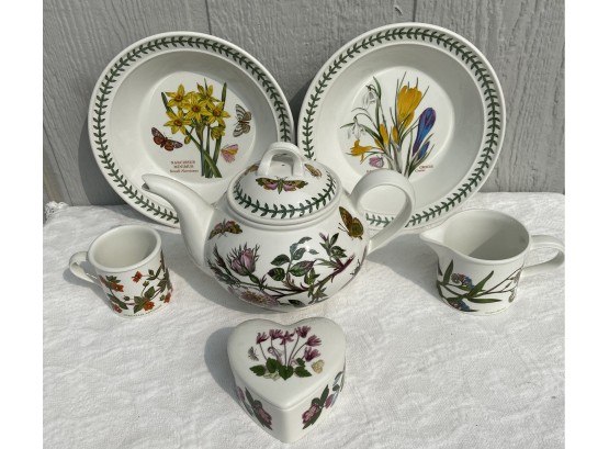 Portmeirion Botanic Garden Including 2 Plates, Teapot, 2 Coffee Mugs, And Heart Shaped Lidded Dish