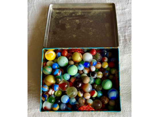 Assorted Vibrant Marble Collection In Vintage Thornes Toffee Box