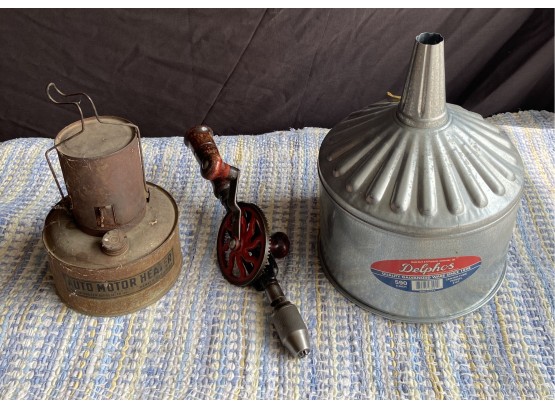3 Assorted Items Including Vintage Hand Drill, Auto Motor Heater, And Delphos 8 Quart Funnel