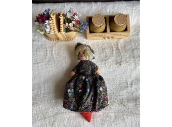 Small Fabric Intertangle Doll With Miniature Faux Flowers And Honey Jars