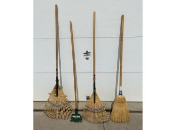 3 Assorted Rakes With A Broom