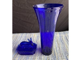 Blue Glass Vase With Bunny Soap Dish
