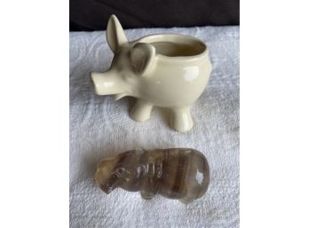 Miniature Porcelain Pig With Stone Carved Hippo