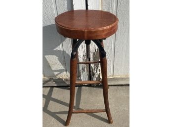 Vintage Adjustable Height Bar Stool Made Of Wood And Iron With Leather Seat