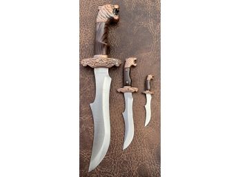 Set Of 3 Small Fighter Plus Stainless Steel Knives With Tiger Caps