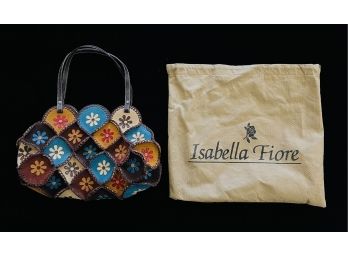 Hand Made Designer Hand Bag By Isabella Fiore Featuring Applique Flowers On Suede Stitched Together