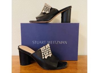 Stuart Weitzman The One Embellished Leather Block Heel Slide Sandals Women's Size 7