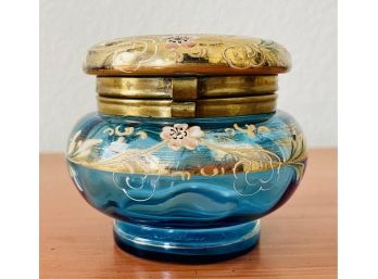 Lovely Antique Hand Painted Porcelain Lid & Blue Glass Trinket Box