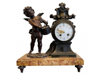 Stately Antique French Bronze Cherub Clock On Marble Base Enfant Au Tambour By L & F Moreau Works