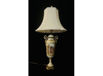 Antique Hand Painted European Porcelain Ewer Table Lamp With Brass Fittings Featuring Couple At Stone Rail