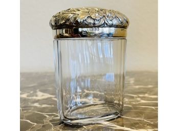 Antique Glass Vanity Jar With Embossed Sterling Lid