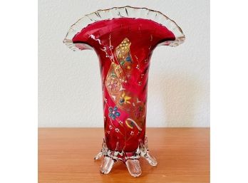 Stunning Antique Hand Blown  Hand Painted Flared Rim Art Glass Footed Vase