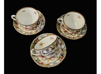 3 Hand Painted Bavarian Porcelain Demi Tasse Cups & Saucers