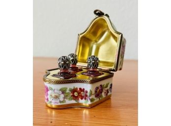 Incredible Little Antique Hand Painted Limoges Porcelain Box With 3 Mini Perfum Bottles With Jeweled Tops