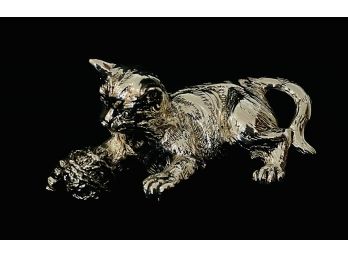Marcello Giorgio Argentine Sculptor Silver Laminate Cat With Yarn Mini Figurine Signed