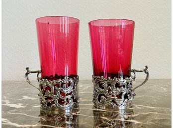 2 London Silver 1901 Antique Cups With Ruby Glass Tumbler Insert