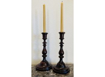 2 Antique Turned Wood Candle Stick Holders