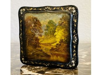 Wonderful Hand Painted Antique Russian Lacquered Trinket Box With Landscape Painting Some Cracks In Finish