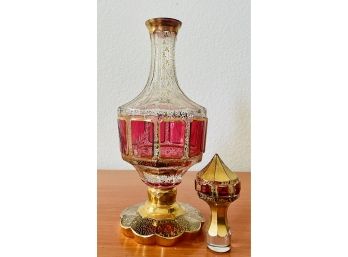 Stunning Antique European Crystal Decanter With Red & Gold Detailing