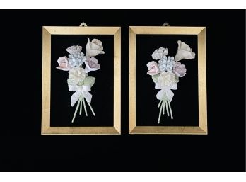 2 Vintage Framed Ardalt Lenwile China Applied Porcelain Flower Bouquets In Gilt Frames Good Condition