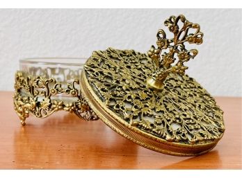 Vintage Ornate Brass Filigree Vanity Box With Insert