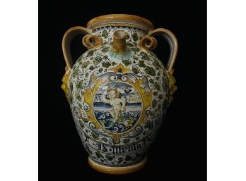 Extra Large Artistic Italian Majolica Orcio With Spout & 3 Handles Featuring Putti On Dolphin