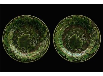 2 Antique Green Leaf Design Majolica Plates