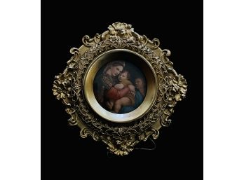 Beautiful Small Repousse Round Picture Frame With Picture Of Madonna & Child
