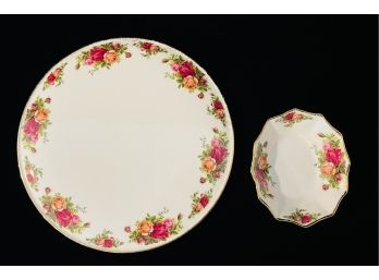 2 Pcs Royal Albert English Bone China Old Country Rose Cake Plate & Small Oval Dish