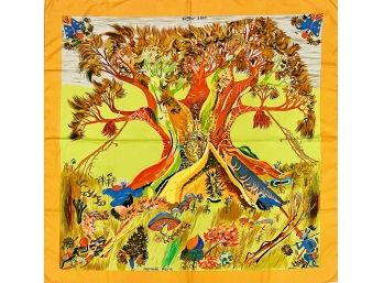 Vintage Hermes Orange Kuggor Tree Silk Scarf- SEFEDIN