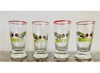 4 Vintage Hand Painted Red Rimmed Tapered Glass Tumblers Featuring Pair Of Roosters