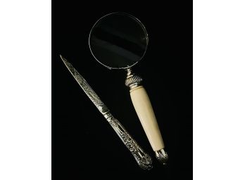 Vintage Sterling Letter Opener 46.2g With Bone Handle &Sterling Caps Magnifying Glass