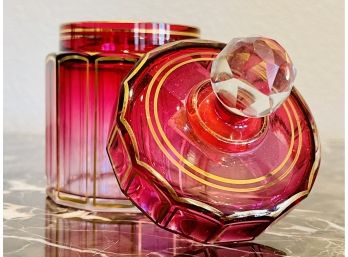 Antique Ruby Glass Lidded Jar With Gold Accents