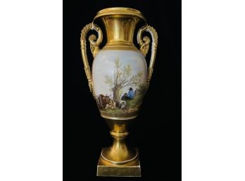 Antique Hand Painted European Porcelain Vase 2 Handles Gold Detailing  Man Tending Sheep  2 Of 2