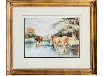 Original Framed Watercolor Painting Cattle In A Stream By Ella Richardsom