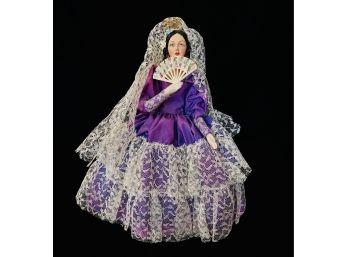 Vintage Hand Painted Composite Spanish Costume Doll In Lace & Violet Gown