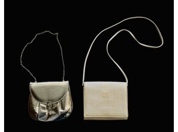 2 Vintage Shoulder Bags With Metallic Silver & White Leather
